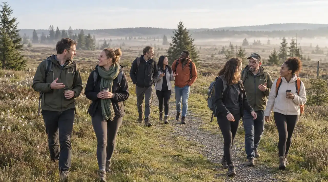 Ondernemers die samen wandelen in de natuur