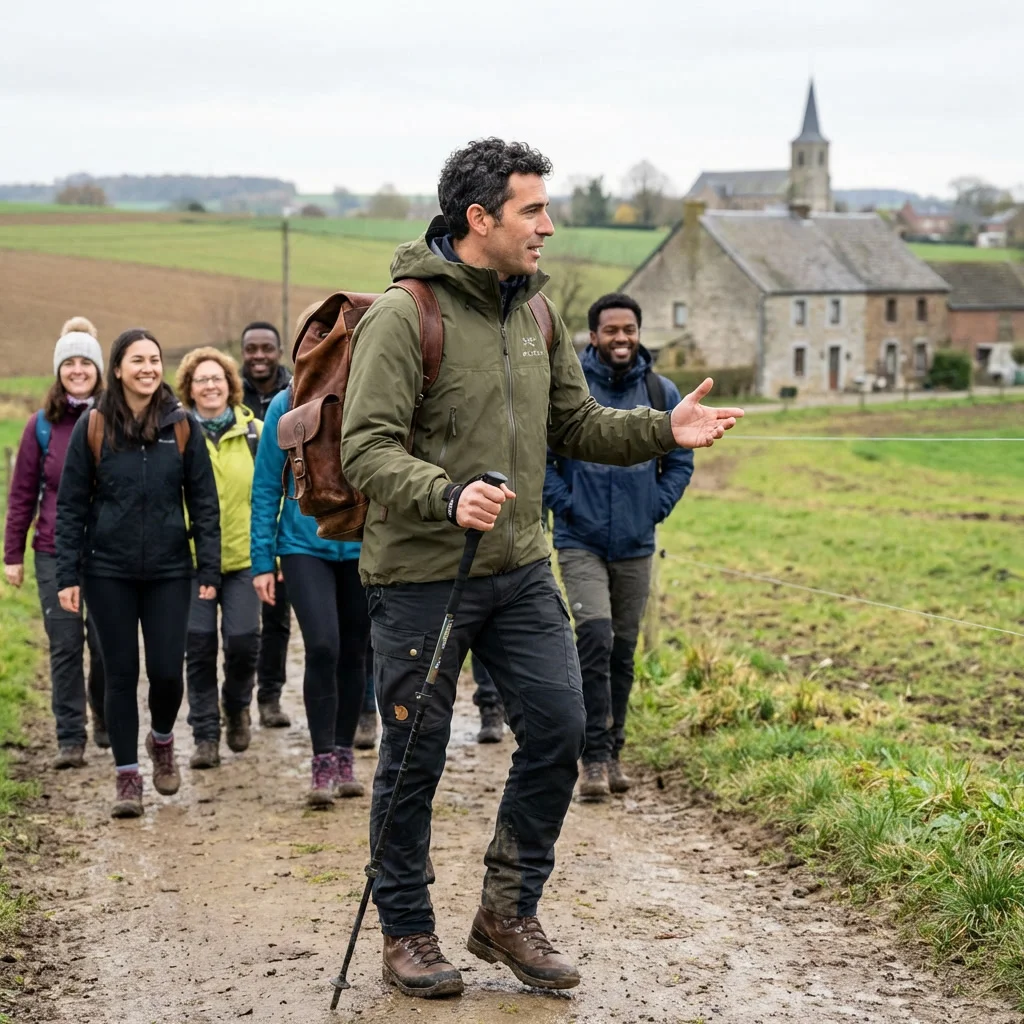 Groep ondernemers wandelt samen op een trail in de natuur
